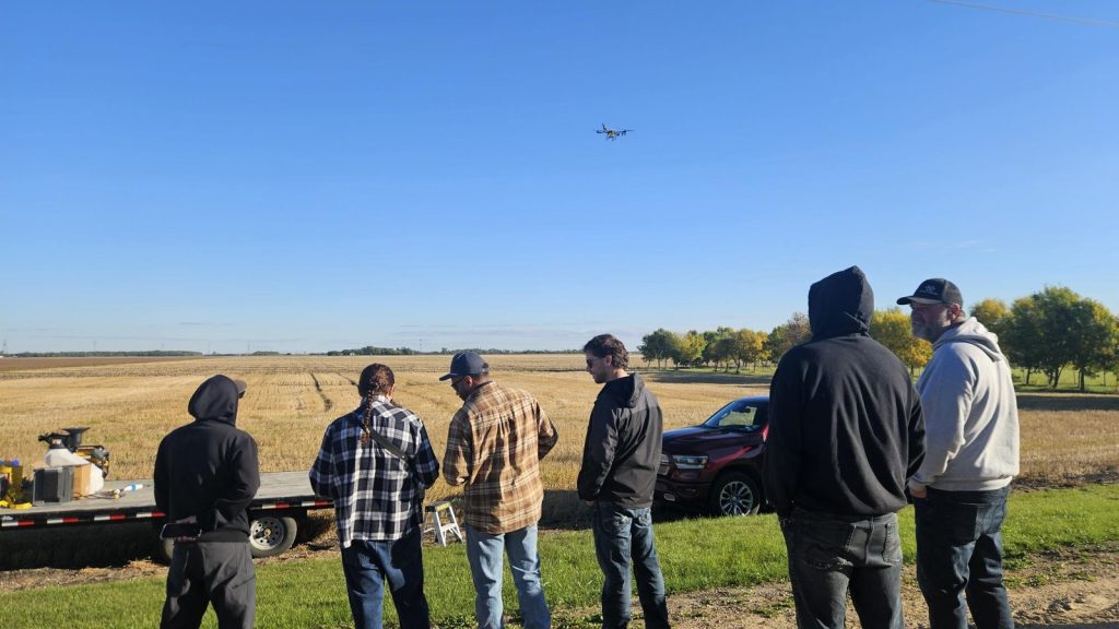 EAVISION J150 drone flying during a Manitoba agricultural drone demonstration