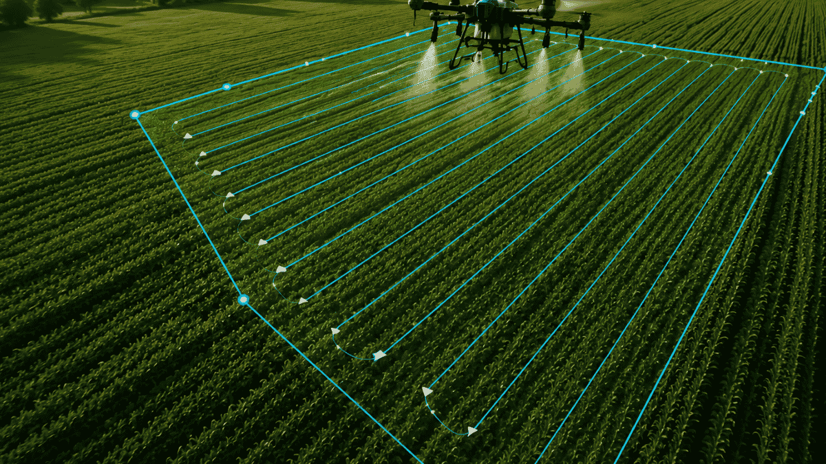 Agricultural drone flight path used for crop monitoring and field analysis
